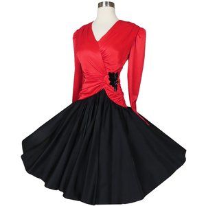 Vintage 80s Red Long Sleeve Draped Black Taffeta Full Skirt Prom Party Dress M